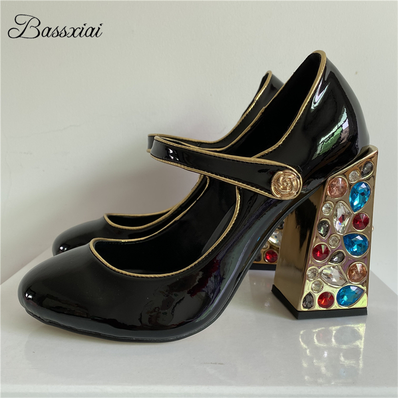Leather Classic Strap - Bunte Diamant Quadrat High Heel Frauen