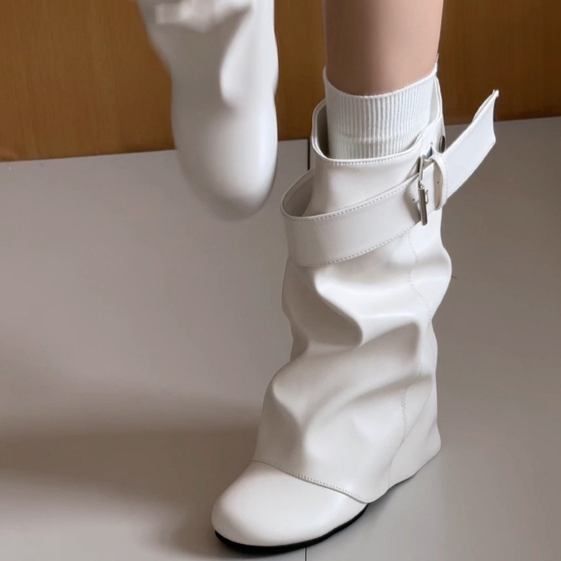 Leather Classic Strap - Neue Damen-Slouchy-Lederstiefel bis zur Wadenmitte mit