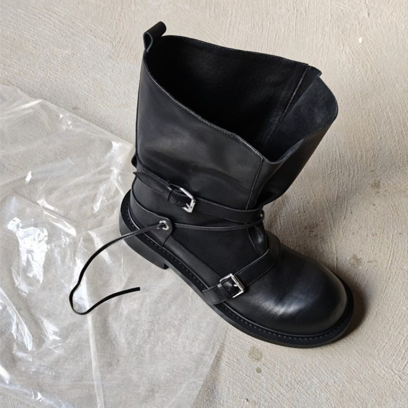 Leather Classic Strap - Retro-Schnalle, mittelhohe Stiefel für Damen, dicke